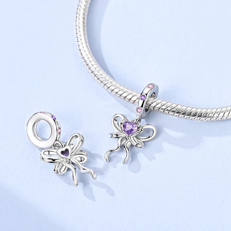 925 Sterling Silver Lovers Charms Bead CZ Zircon Bow Ribbon Dangle Fit Original Bracelet DIY Women Jewelry Gift