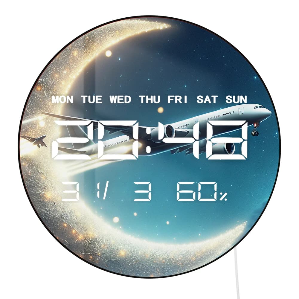 Orologio da Parete Digitale LED Eid Mubarak con Aeroplano che Vola sopra una Luna Crescente, Decorazione per la Casa in Stile Arabo, Orologio Elettronico a Doppio Uso per Parete e Scrivania