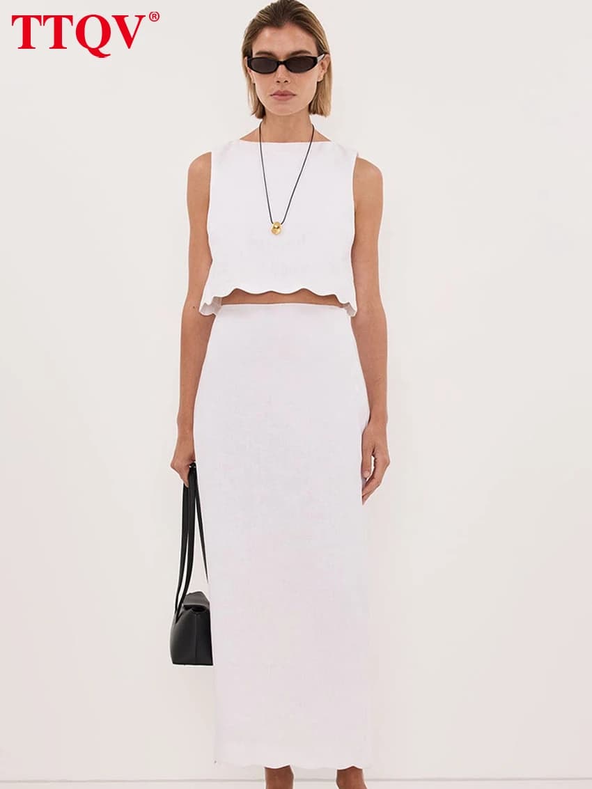 TTQV Set Estivo Slim in Cotone Bianco da Donna, 2 Pezzi, Moda 2026, Top Senza Maniche con Gonna Lunga a Vita Alta