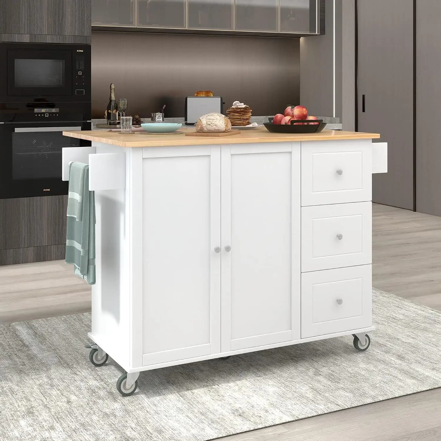 52.7 Inch Rolling Kitchen Island Solid Wood Top Locking Wheels Storage Cabinet Drop Leaf Bar Spice & Towel Rack, Customized
