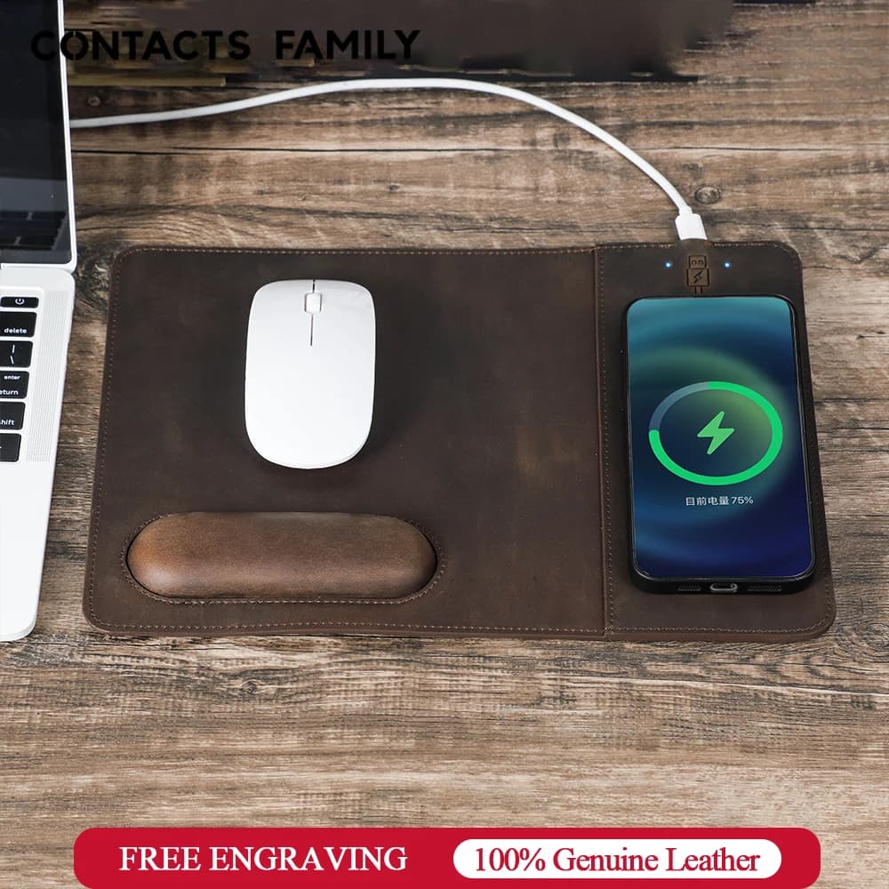 Tappetino per mouse con caricabatterie rapido wireless per telefono da 15 W Tappetino per mouse di ricarica in vera pelle per PC Computer portatili Accessori per ufficio