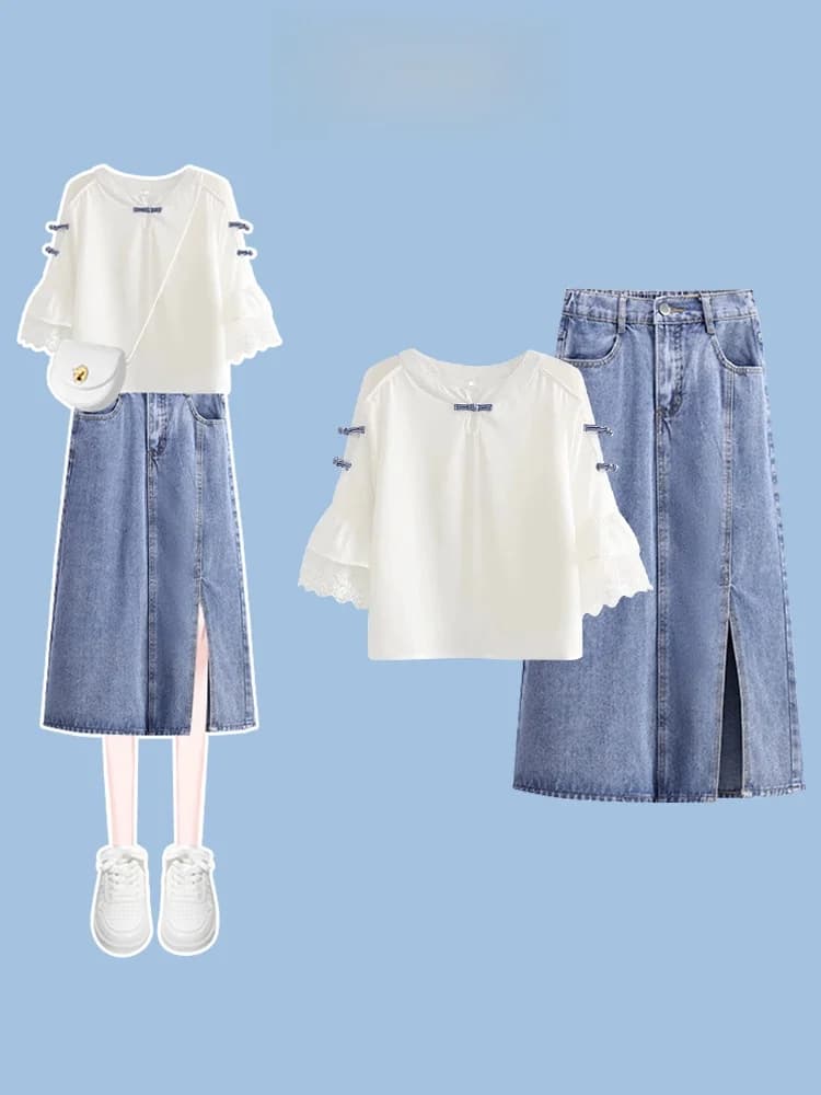 Summer Fashionable Korean Style Women's Casual Slimming Top And High Waist Denim Skirt Two Piece Set Elegant Lightweight