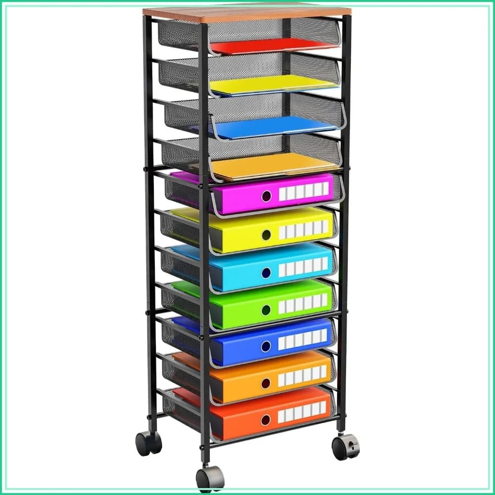 12-Tier Rolling File Cart with 11 Mesh Trays, Mobile Desk Organizer for Letter/Legal Paper, Black