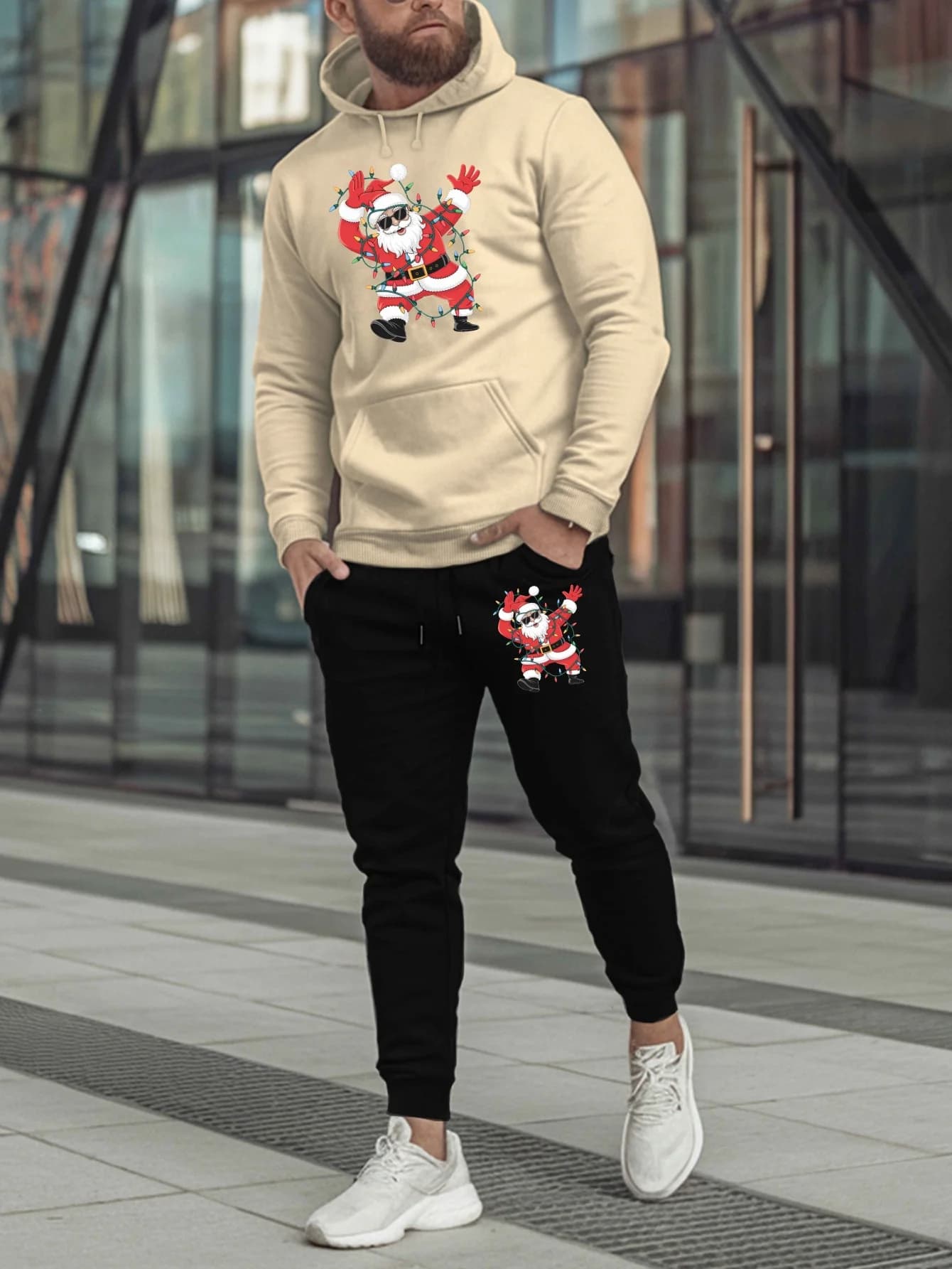 Men's Autumn‑Winter Stylish Printed Hooded Sweatshirt Set, Drawstring Hoodie For Casual Sports Daily Street Outdoor Wear