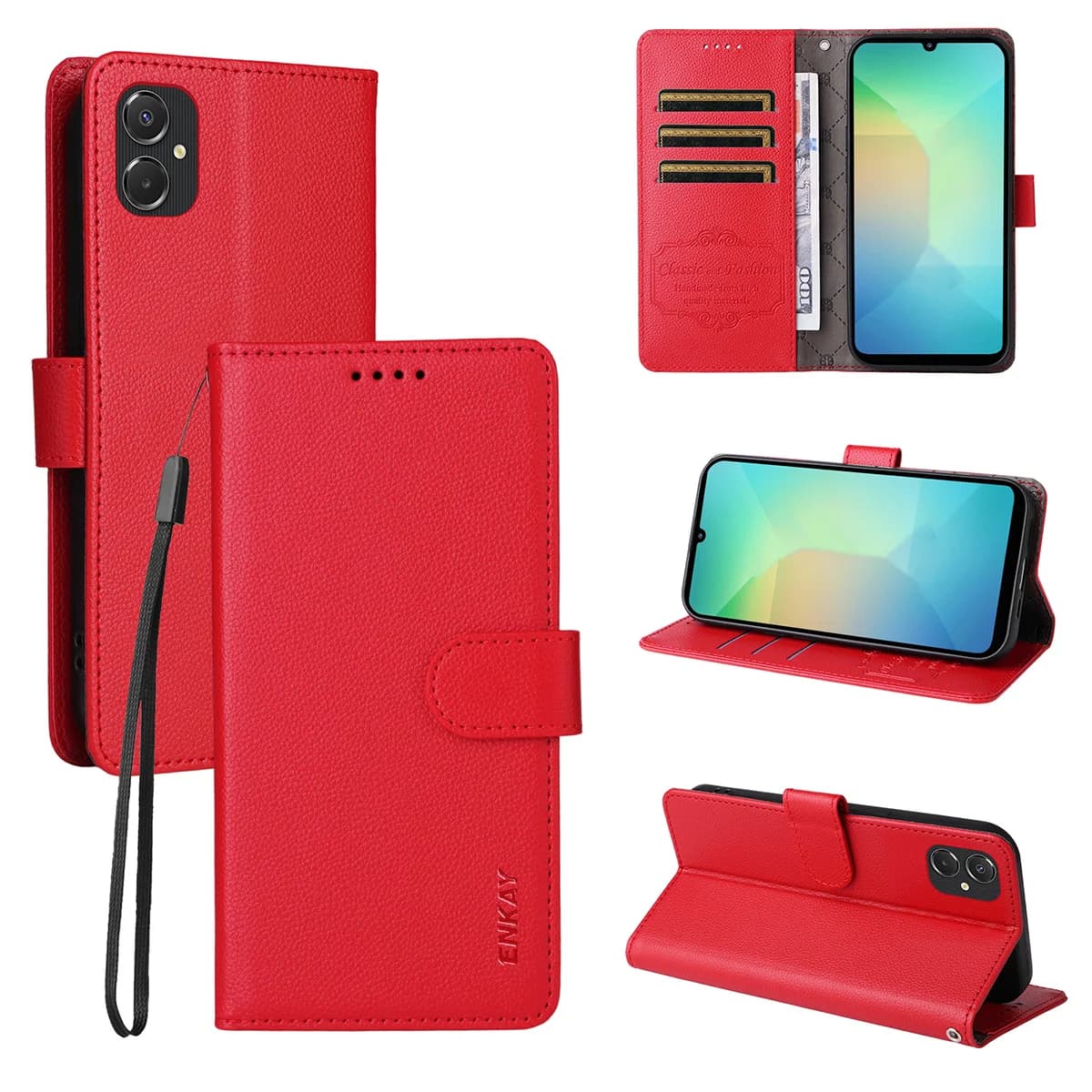 Per Samsung Galaxy A06 5G / Galaxy A06 4G Custodia a portafoglio con cinturino ENKAY HAT PRINCE Custodia per telefono con blocco RFID - Rosso