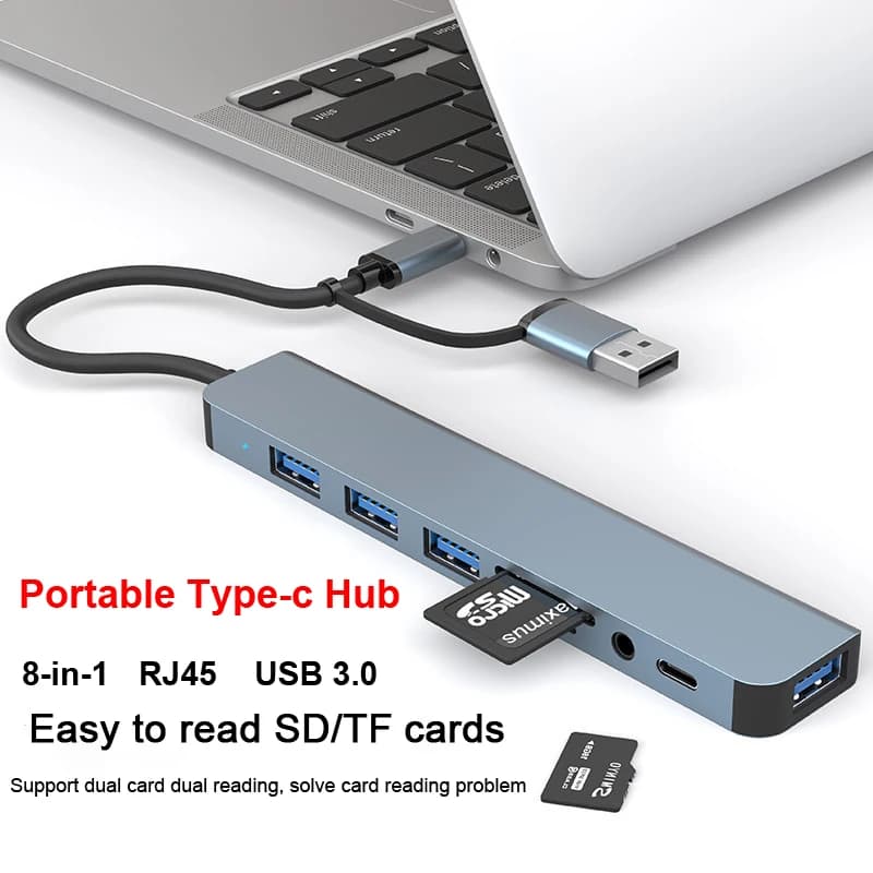 Docking station di tipo c espansione portatile USB3.0HUB Scheda LAN Gigabit Lettore di schede RJ45 SD/TF PD Ricarica rapida Hub per computer 8 in 1