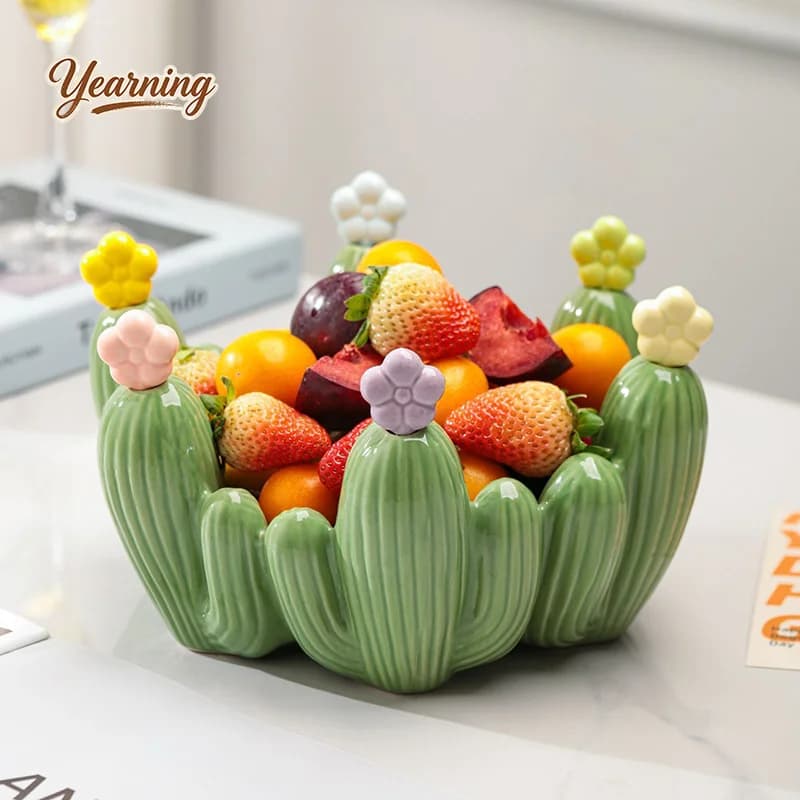 Cactus Fruit Bowl Creative Home Decor Living Room Coffee Table Dried Fruit Tray with Stainless Steel Fork High Value