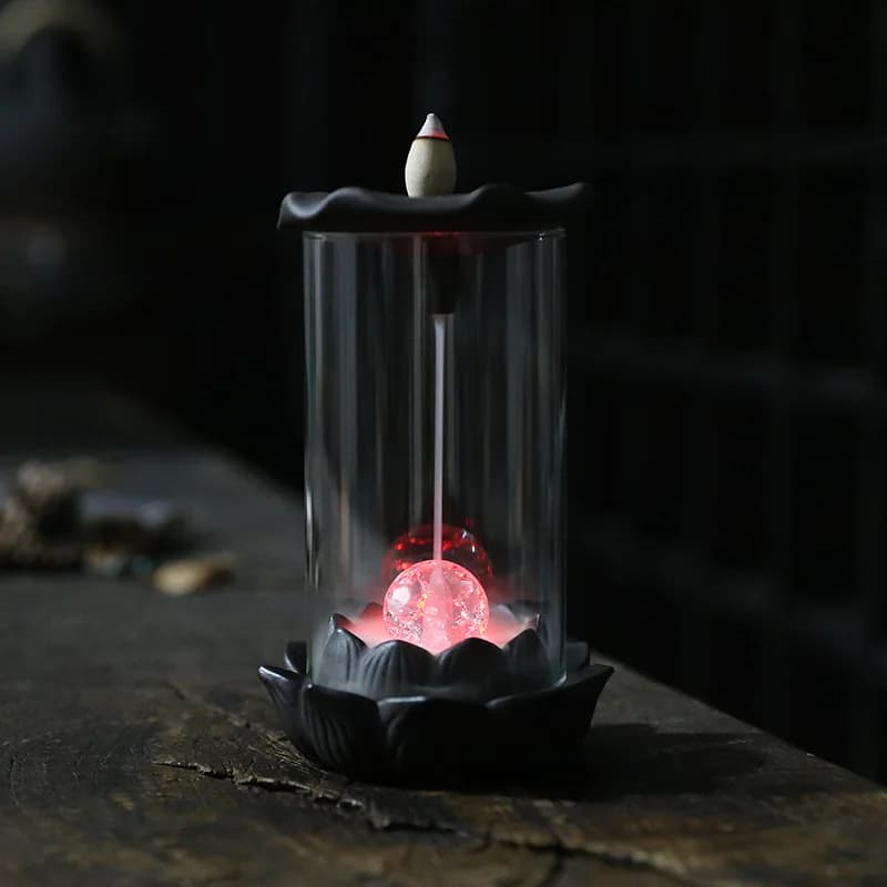 Purple Clay Windproof Cover LED Light Backflow Incense Burner Creative Lotus Leaf Ornamental Backflow Aromatherapy Burner Home D