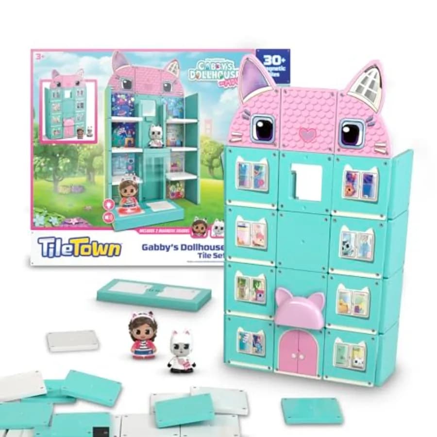 Gabbys Dollhouse 35-Piece Magnetic Tile Playset for indoor play, ABS plastic tiles in pastel colors, STEM-learning interactive