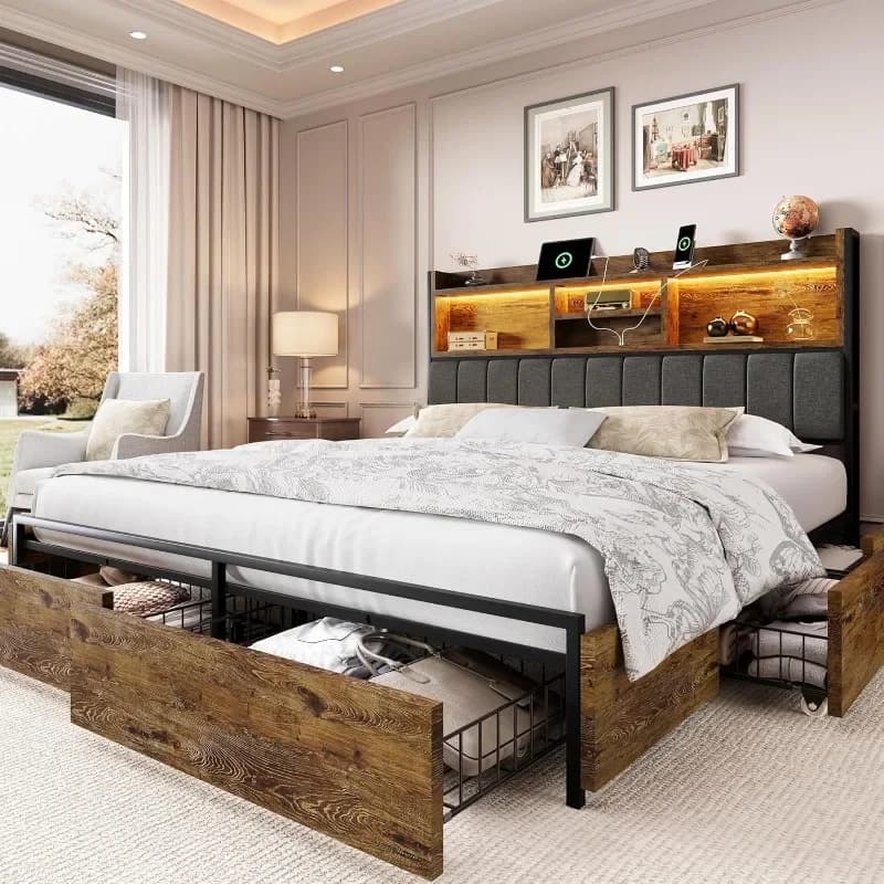 LARMACE King Bed Frame with 6 Storage Drawers, Bed Frame King Size with Linen Upholstered Headboard, Built in Charging Station