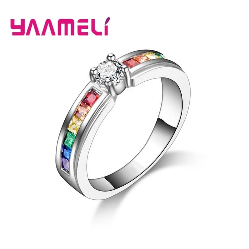 Reale di 100% 925 Sterling Silver Arcobaleno Cubic Anelli di Zircon Per Le Donne di Nozze Bella Anello di Fidanzamento Proposta Accessorio