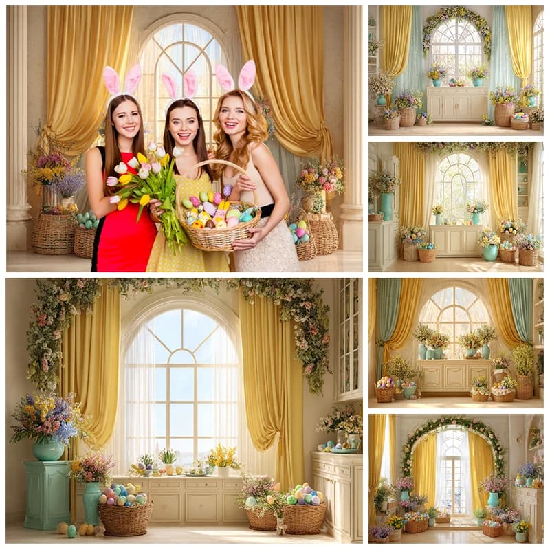 Sfondo Pasquale Primaverile, Tende Gialle, Finestra con Decorazioni Floreali e Uova, per Baby Shower, Feste di Compleanno per Bambini, Decorazione per Ritratti, Sfondo per Fotografia