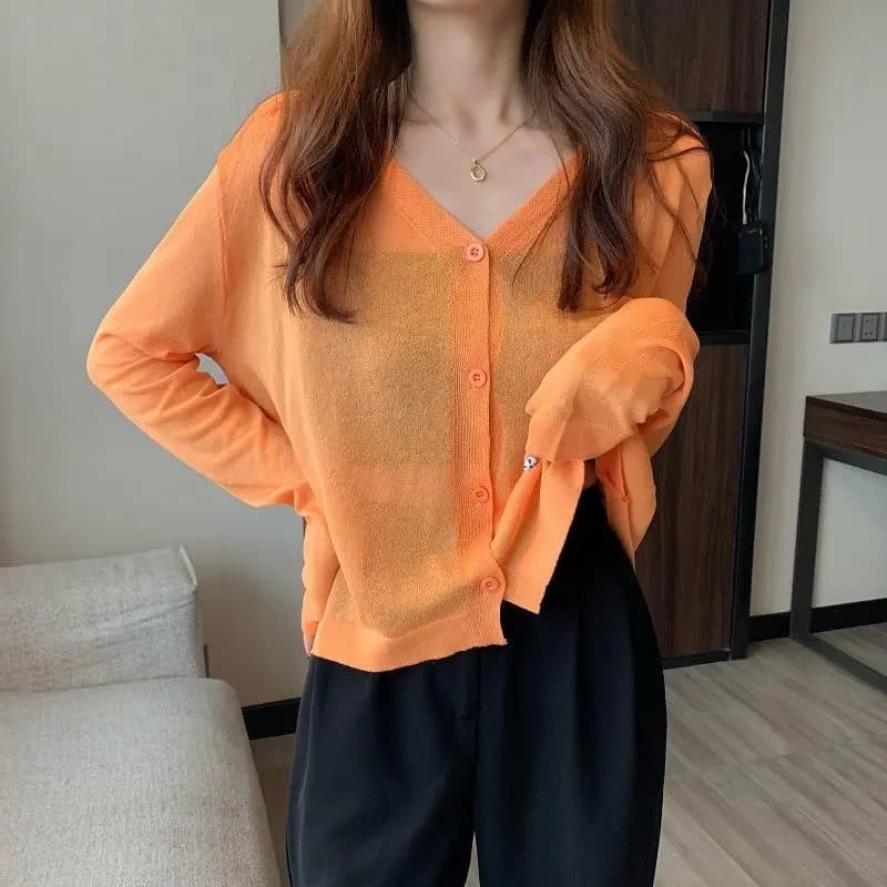 2022 new Women's Cardigan Long Sleeved Cardigan Summer Cardigan short knitted V-neck slim sweaters sun cream orange shirt