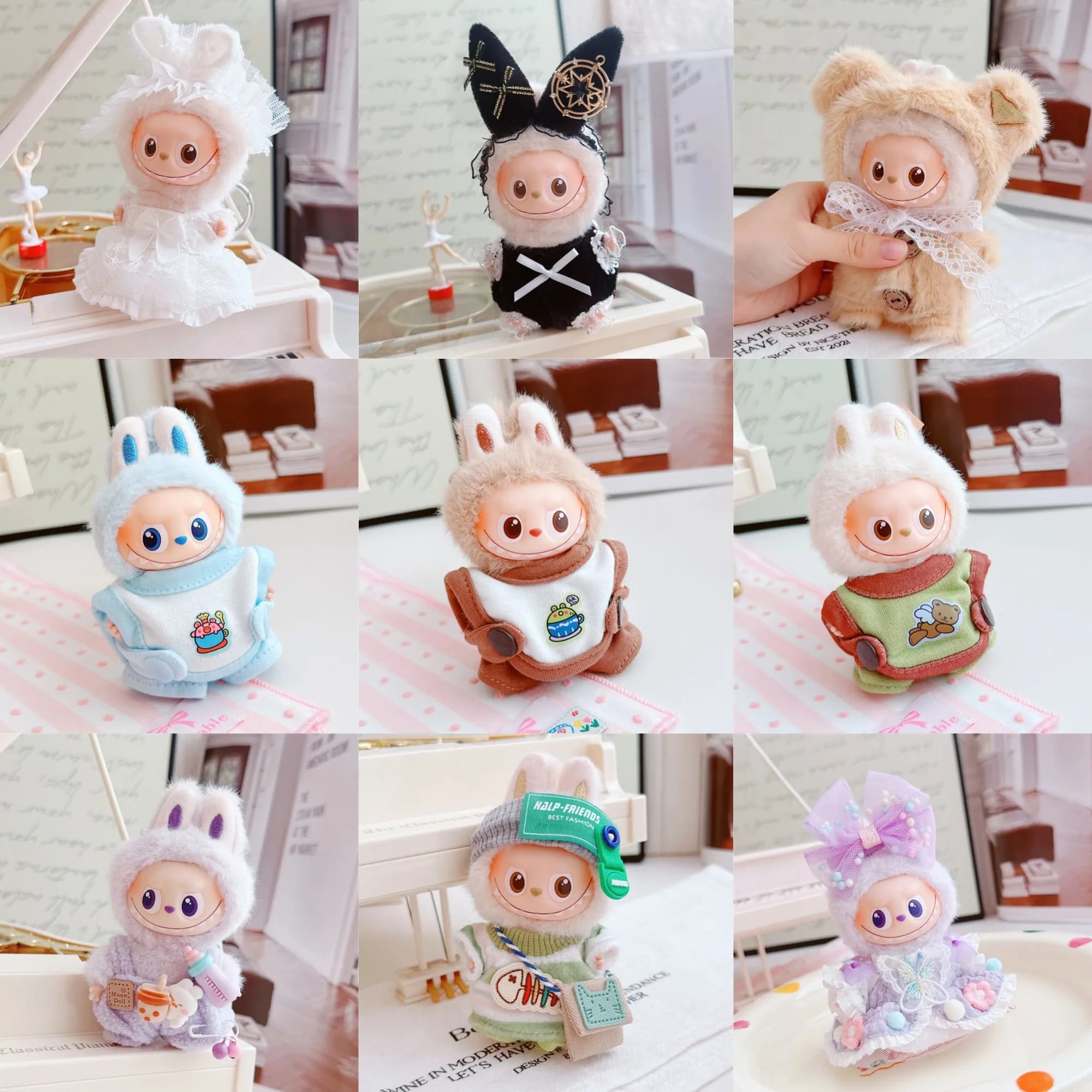 Per 10 cm 4a generazione Mini Labubu Pin per la serie Love Vestiti per bambini Viola Portabottiglie Bretella Pantalone 10 cm Labubu 4.0 Vestiti per bambole