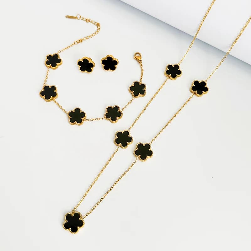 Gioielli in acciaio inossidabile con trifoglio a doppia faccia per donna, orecchini, collane, braccialetti, piante, fiori a cinque foglie, souvenir per la festa della mamma
