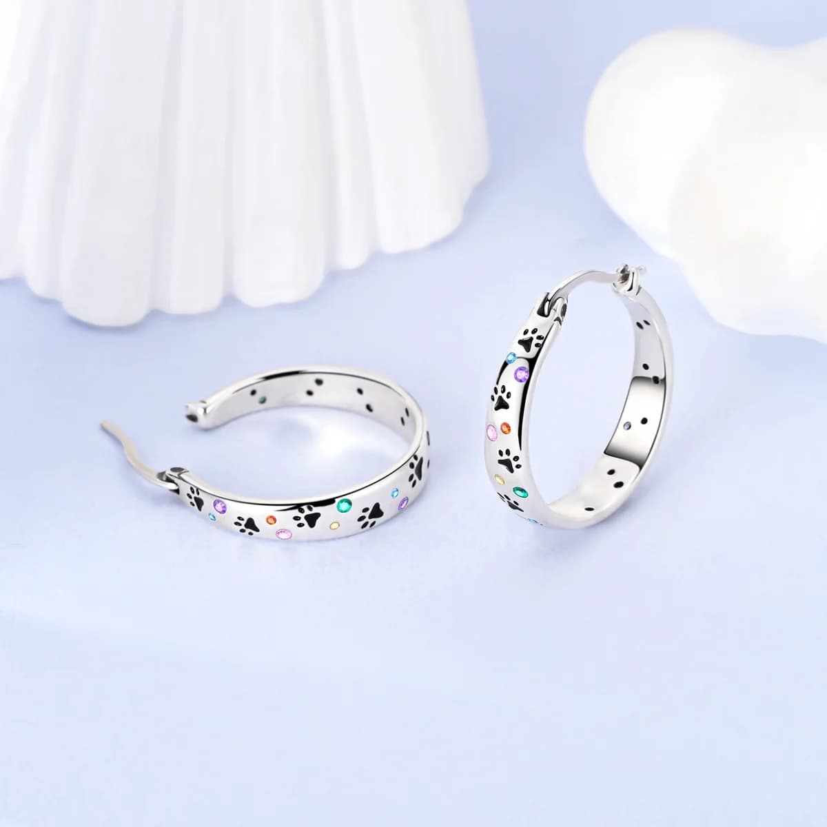 [Cute Hoop Earrings] Vintage Cute 1 Pair Silver Plated Copper Hoop Earrings| Colorful Cubic Zirconia Paw Print Design, Unisex Fashion Jewelry for Daily Wear & Gifts, All-Season Accessory