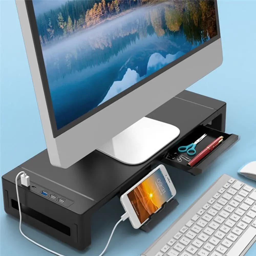 RGB Lights Monitor Stand Riser with USB USB 3.0 & 2.0 Hub with Storage Drawer Laptop Holder Ergonomic Adjustable Length