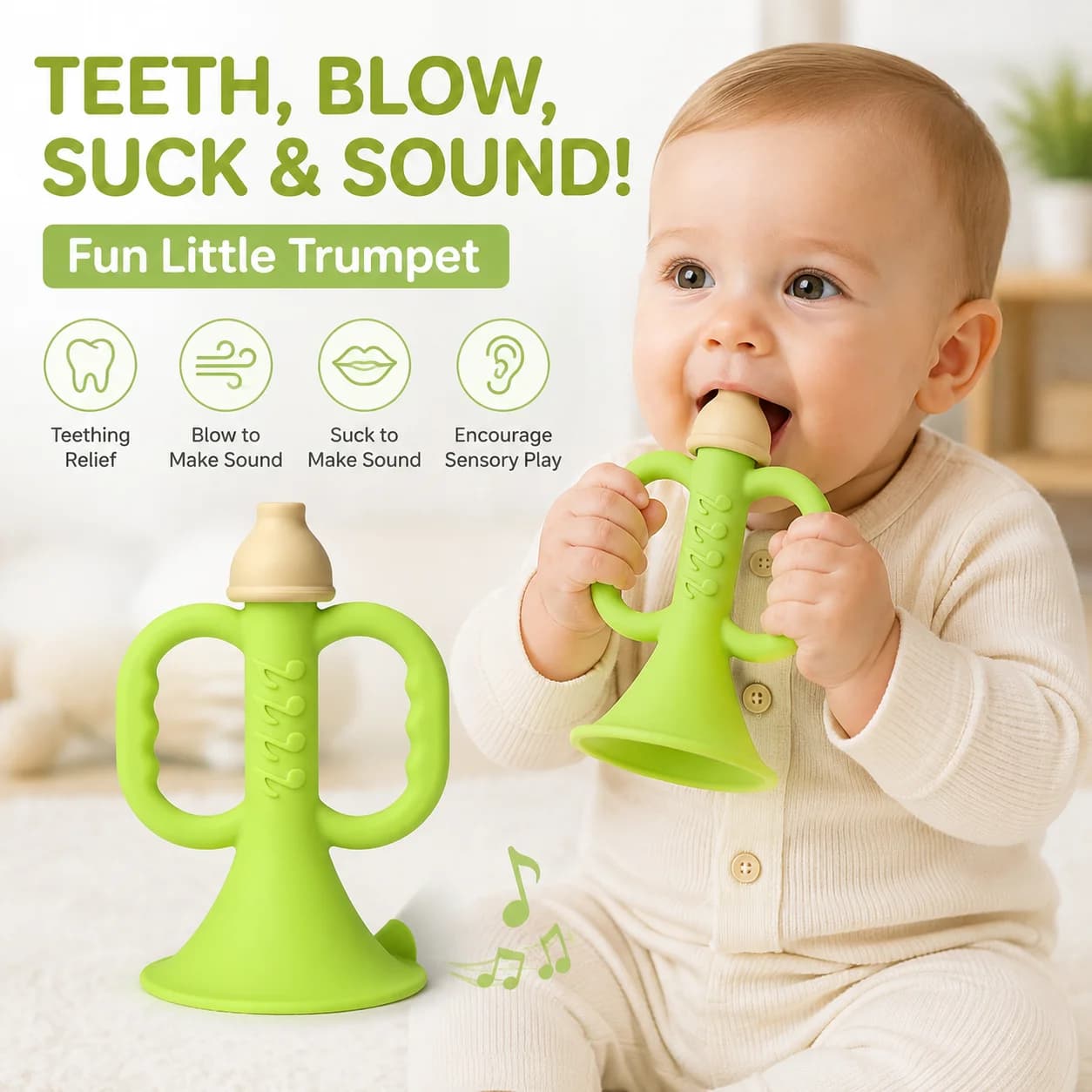 Giocattolo per Dentizione a Forma di Trombetta per Neonati, 3-in-1 in Silicone con Suono, Giocattolo Educativo Sensoriale per Bambini, Senza BPA