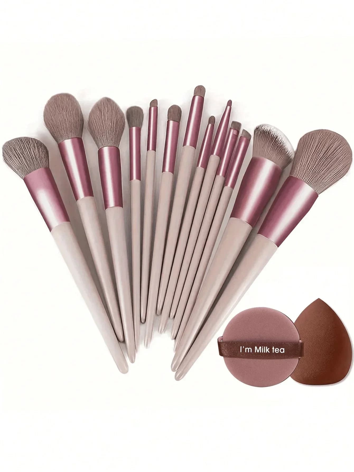 13pcs Makeup Brush Set + 2pcs Random Color/Shape Makeup Blender Sponge, Eyeshadow, Foundation, BB Cream, Concealer Brushes, Soft