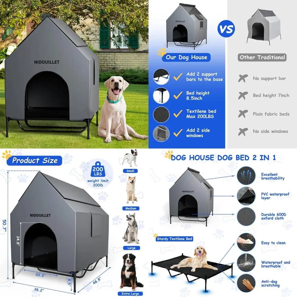 Case per cani X-Large resistenti alle intemperie per uso interno ed esterno, materiale in PVC 600D, con letto per cani in Textilene traspirante e elevato, facile