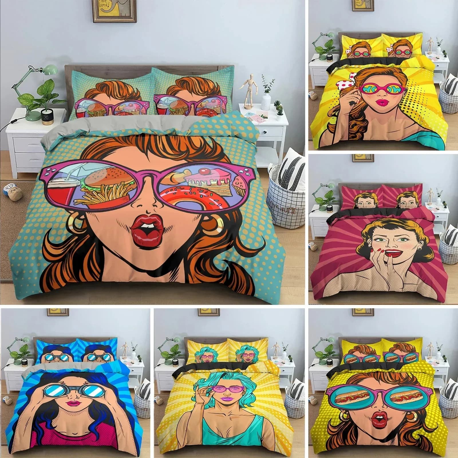 Set Copripiumino Moderno con Motivo Ragazza Cartoon, Stile Acquerello, per Letto Matrimoniale, in Poliestere
