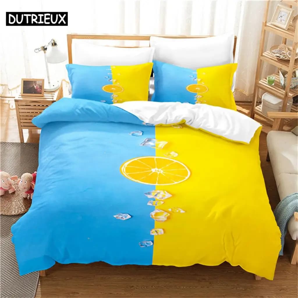 Set di biancheria da letto da 3 pezzi blu e giallo Set copripiumino trapunta personalizzato con stampa digitale 3D Federa trapunta per la casa Queen King