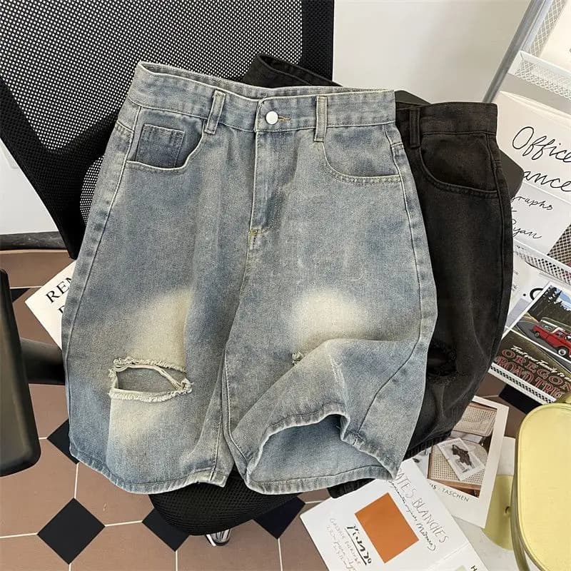 Pantaloni da uomo di medie dimensioni vecchi lavabili larghi estivi in denim strappato a cinque punti