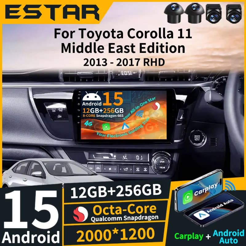 Wireless Carplay Auto Android 15 For Toyota Corolla 11 Middle East Edition 2013 - 2017 RHD Octa Core QLED GPS DSP Navigation RDS