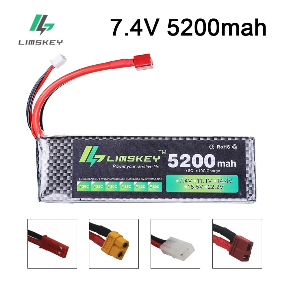 Limskey Batteria di Alimentazione 7.4V 5200mAh Batteria 30C RC giocattoli Batteria Per Rc Elicottero Quadcopter Drone RC Auto Barca 2S 7.4 v 5200 mah