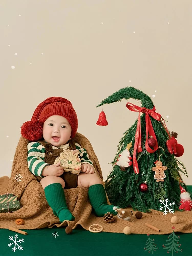 Christmas Theme Baby Photography Clothing 3-5 Months Baby Knitted Hat+Long Sleeve+Pants+Socks Set Studio Growth Memorial Photo