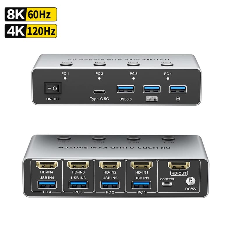 Switch KVM HDMI 8K @ 60Hz 4 computer 4K @ 120Hz Switcher KVM HDMI USB 3.0 a 4 porte 4x1 per 4 PC Condividi Monitor Tastiera Mouse Stampante