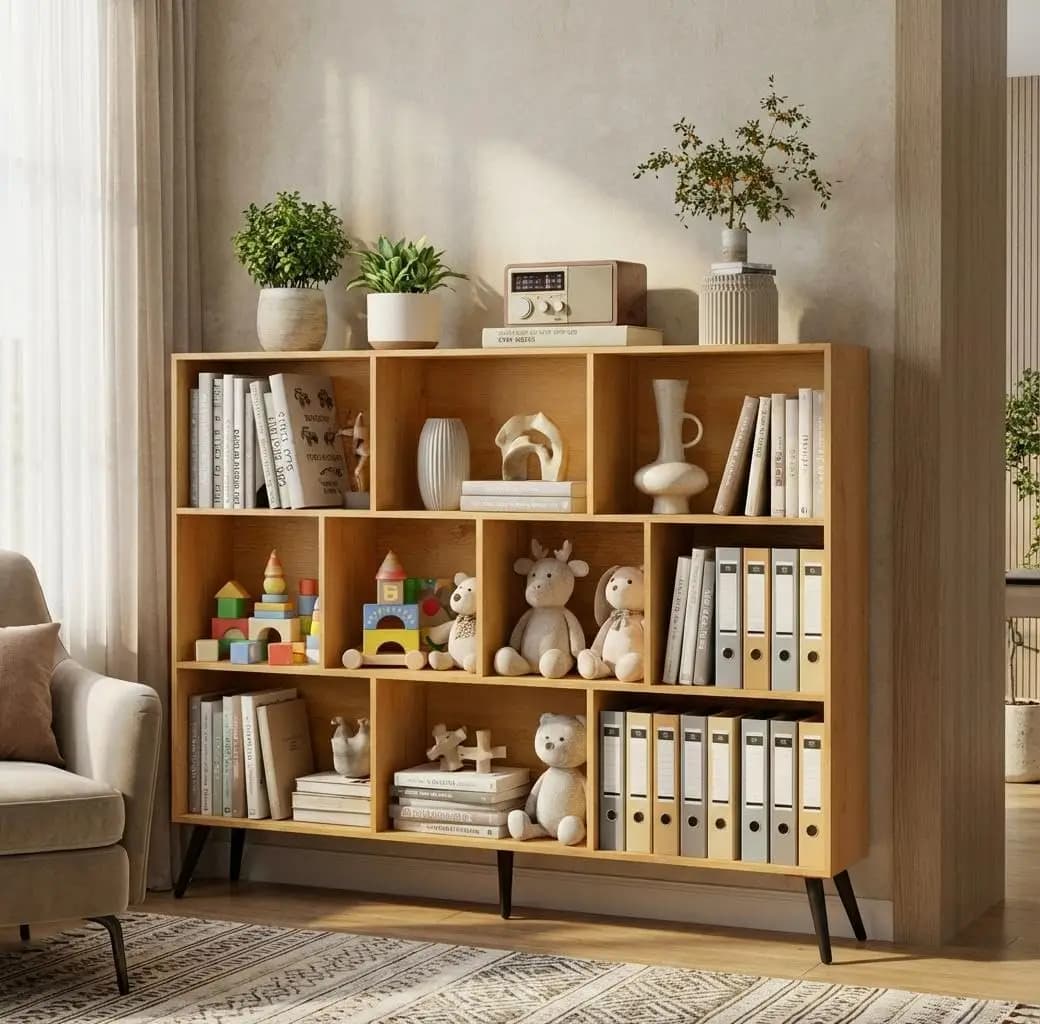 10-Cube Wooden Bookshelf With Legs 55 Inch Wide 3-Tier Mid Century Modern Open Shelf Organizer For Living Room Bedroom Office