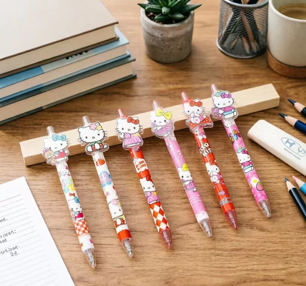 Hello Kitty Acrylic Gel Pen 0.5mm, Cute Cartoon Press Pen with Sticker, Kawaii Stationery for School Office, 6pcs Set