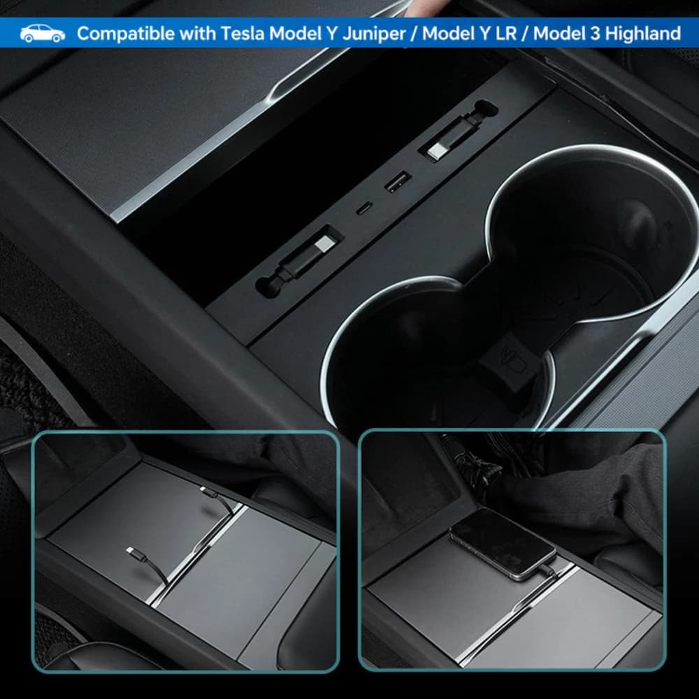 Type-C Retractable Cable Charge Hub Hidden Center Console USB HUB for Tesla Model Y Juniper/ Model Y LR / Model 3 Highland