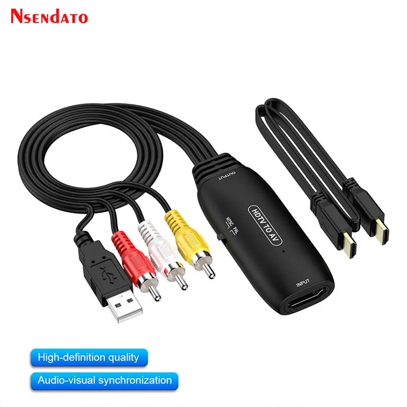 Converter cable from HDMI to RCA AV 1080P, converter adapter from RCA AV to HDMI, supports NTSC PAL SECAM CVSB, AV Scaler Cable.