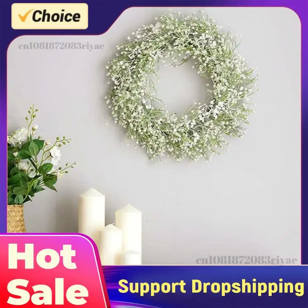 Artificial Gypsophila Garland White Fai-da-Te, Nostalgic Decoration for Entrance Door, 40cm, for Wall, Door, Fireplace, Garden