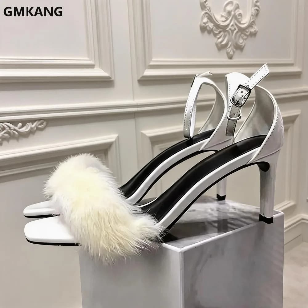 GMKANG Women Square Toe High Heel Sandals Ankle Strap Stiletto Party Shoes Sexy Summer Fashion Buckle Heels Comfortable