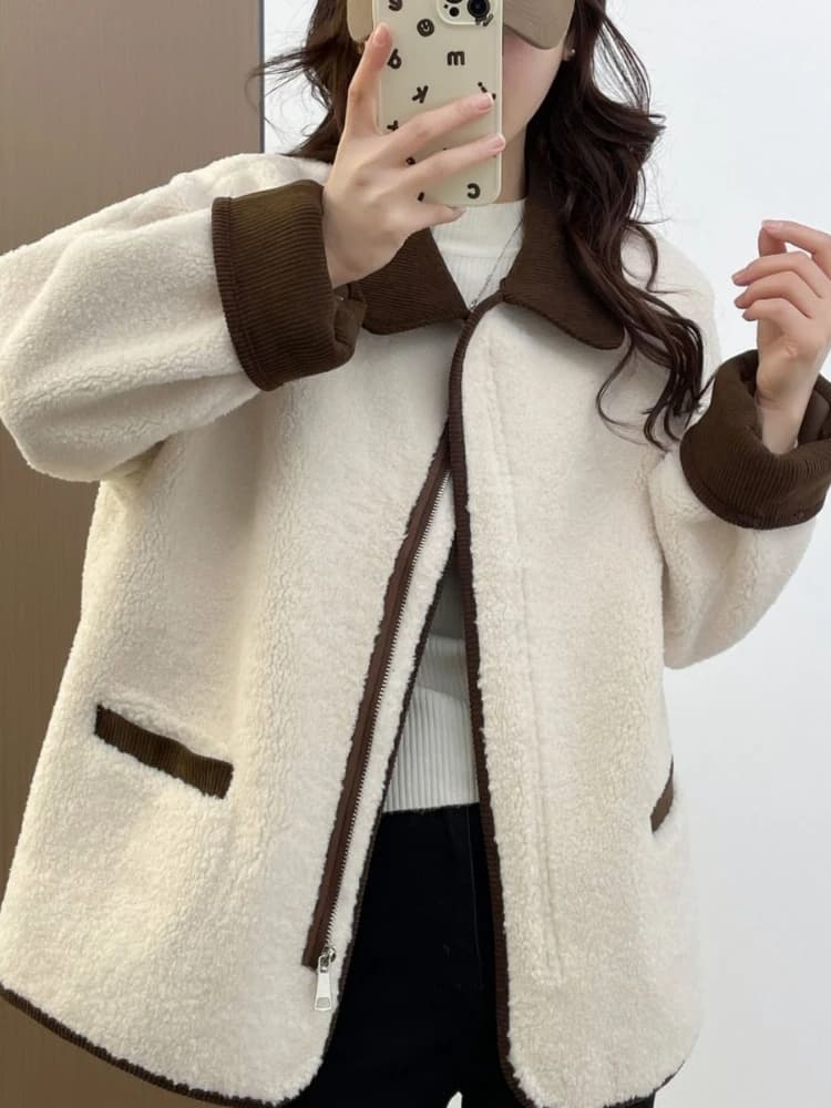 Autumn Winter Style Vintage Collar Overthrowed Zipper loose jacket for women Office Lady Fashion Patchwork long sleeve wide coat