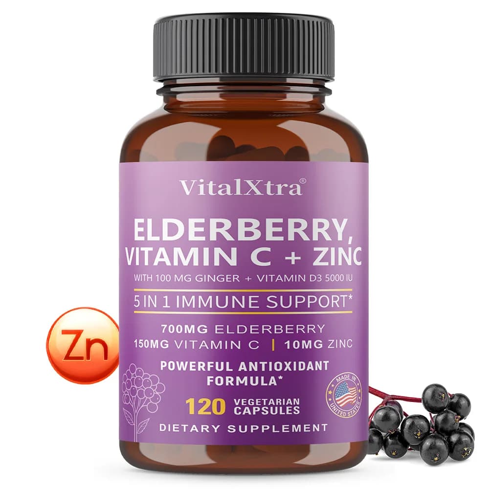 Integratore per il Supporto Immunitario con Sambuco, Vitamina C, D3, Zinco e Zenzero, (120 Capsule) - Supporto Immunitario Quotidiano 5 in 1 per Adulti