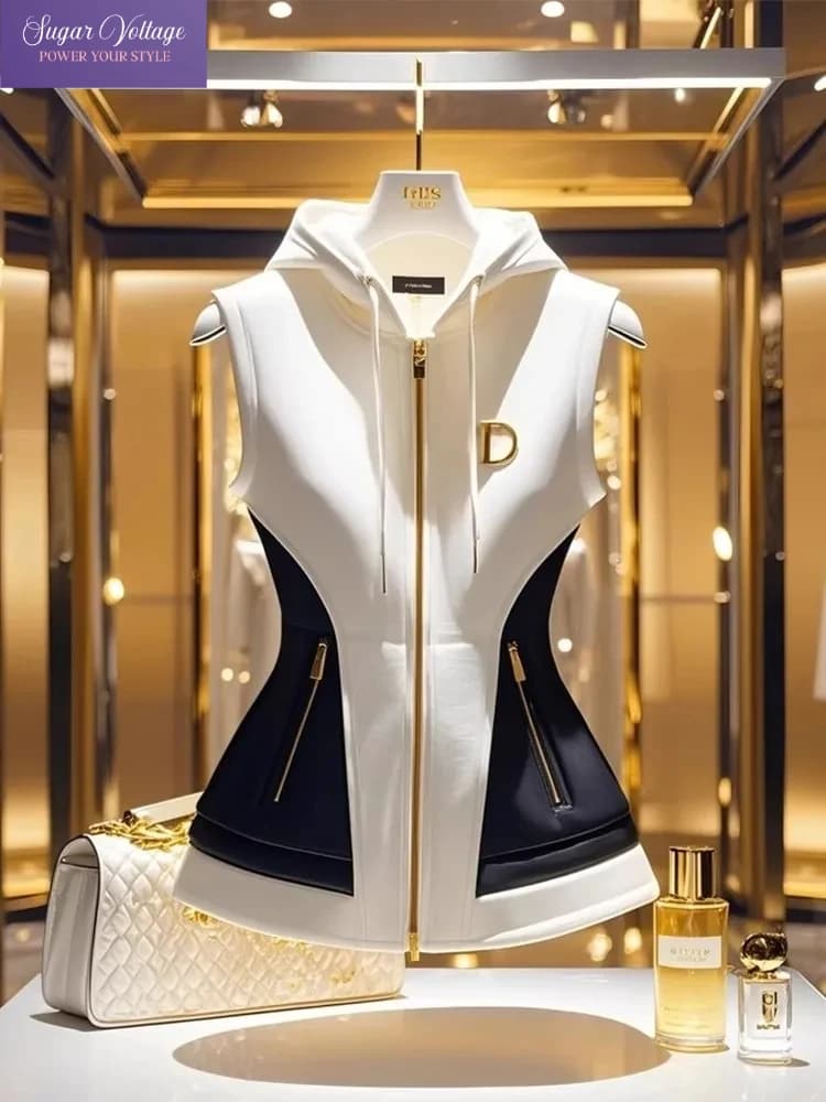 Nuova primavera francese elegante gilet con cappuccio di fascia alta cappotto da donna giacca sottile con cerniera in colore a contrasto temperamento capispalla causale da donna