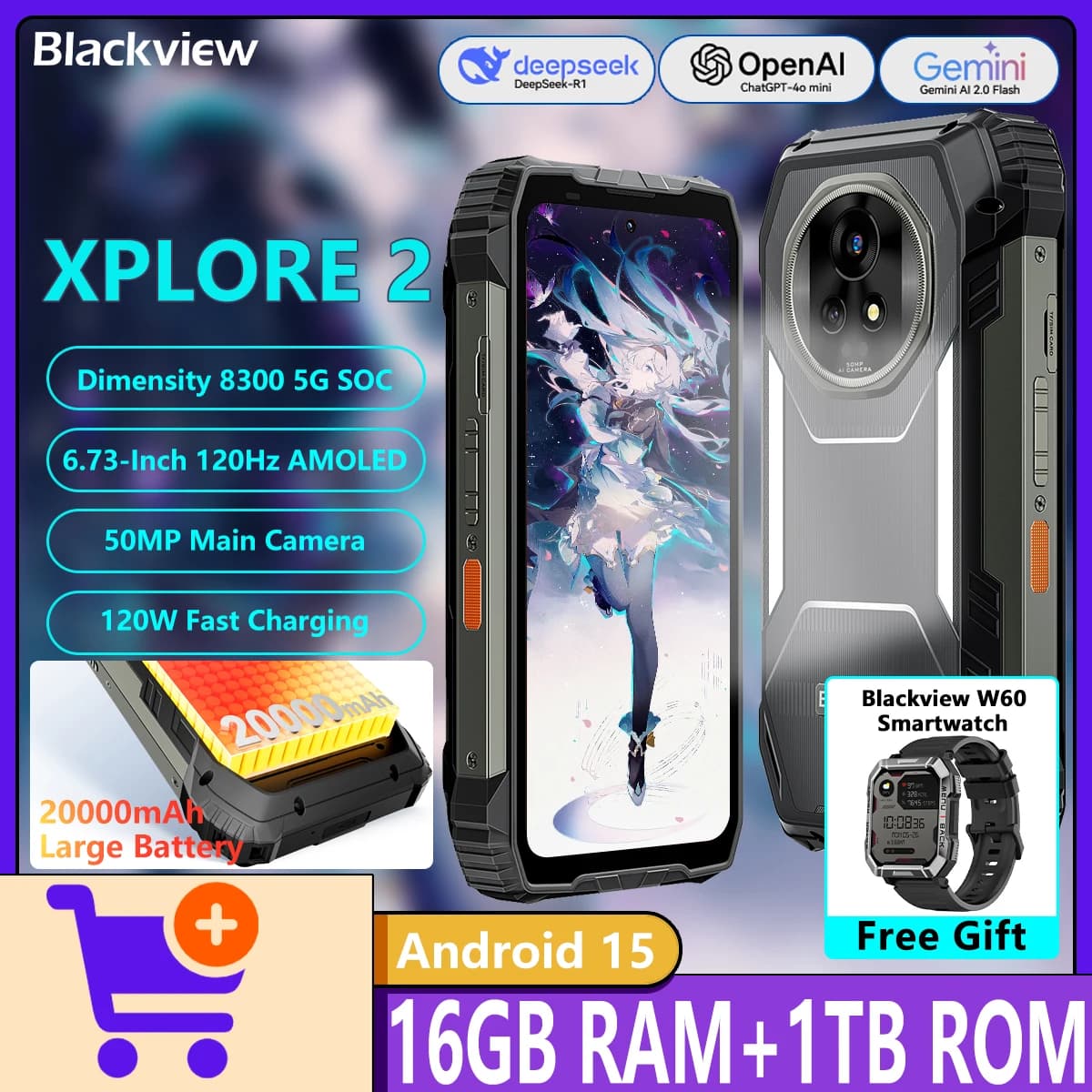 Blackview XPLORE 2 5G Telefono robusto Dimensity 8300 5G 16GB + 1TB 6,73 "QHD + 2600nit AMOLED 50MP + 50MP Fotocamera Smartphone Wifi 6E NFC