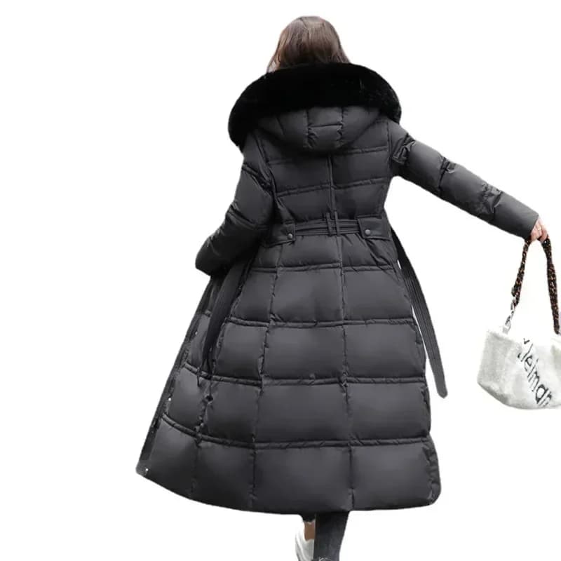 Winter 2025 New Down Cotton Parkas Jacket Women X-Long Over The Knee Big Hair Collar Korean Version Slimming Belt Parkas Jacket