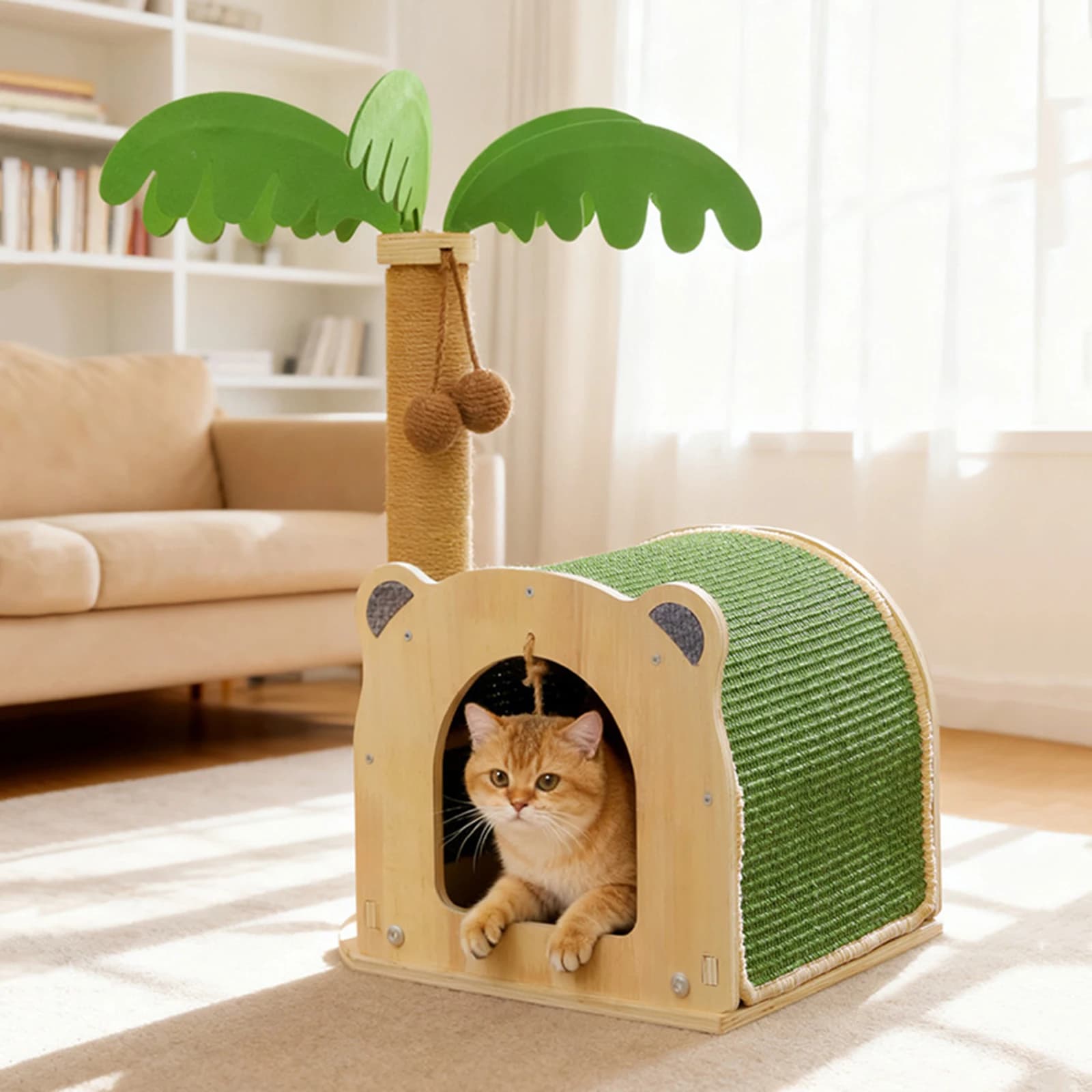 Tiragraffi per Gatti in Legno a Forma di Albero di Cocco con Palline Appese e Pali in Sisal per Gatti e Gattini da Interno