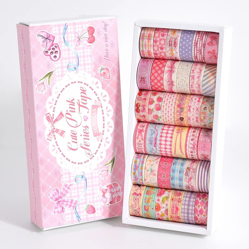 Kawaii Pink Washi Tape Set 36 Rolls Mixed Patterns with Butterfly Gingham Cherry Designs Decorative Craft Tapes for Scrapbooking