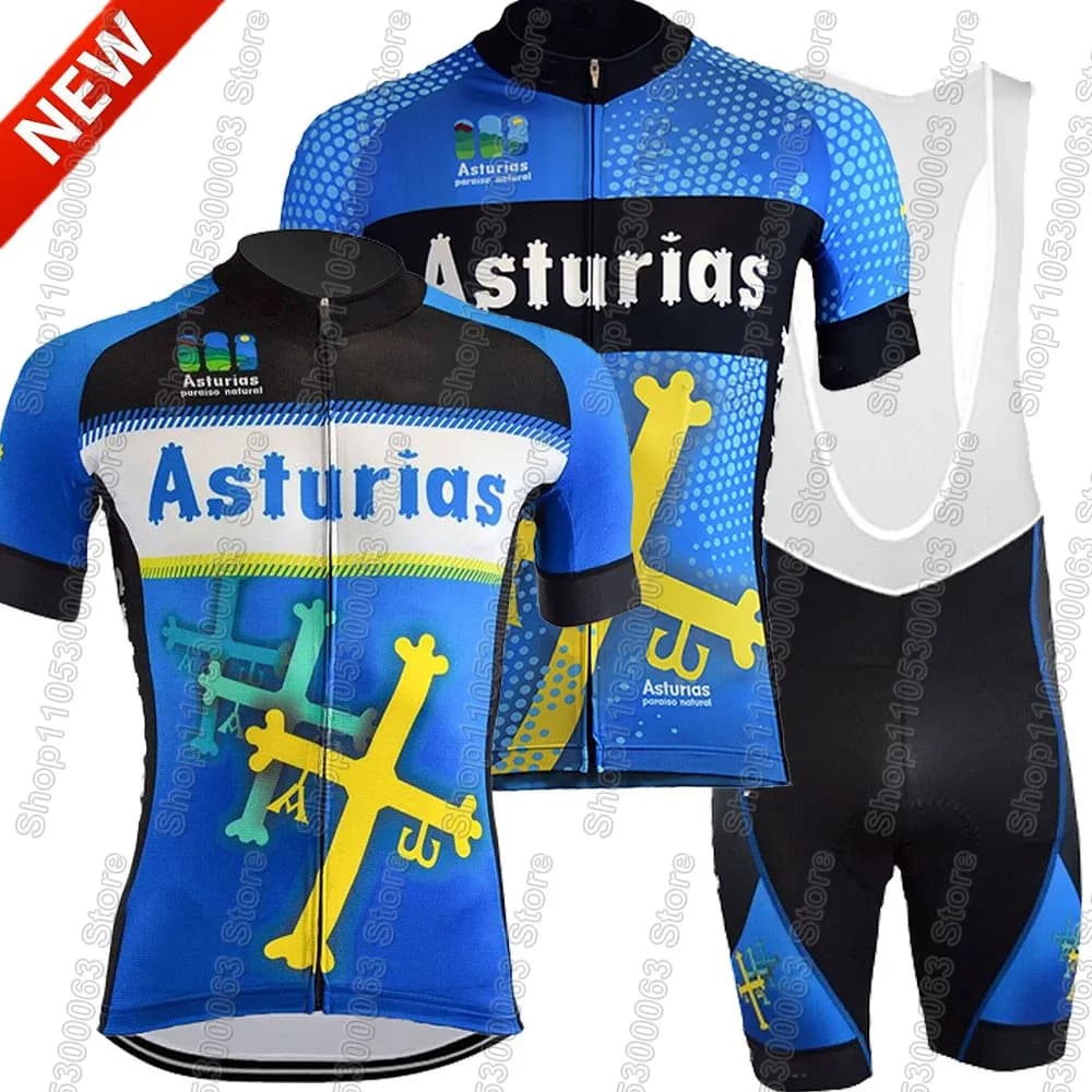 Completo Ciclismo Squadra Asturias 2026 Estivo Spagna - Maglia e Salopette Bici da Corsa MTB