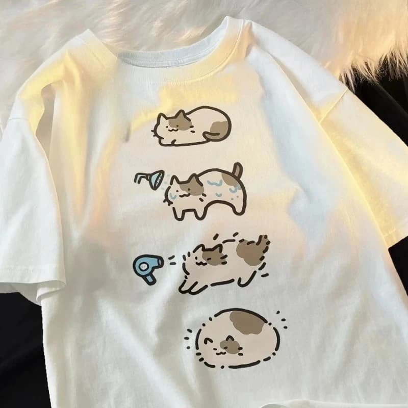 Women's Short Sleeved T-shirt with Cute Bathroom Cat Cartoon for Women, Casual, loose, Summer, Breathable, Hair dryer, Couple, Fashionable T-shirt