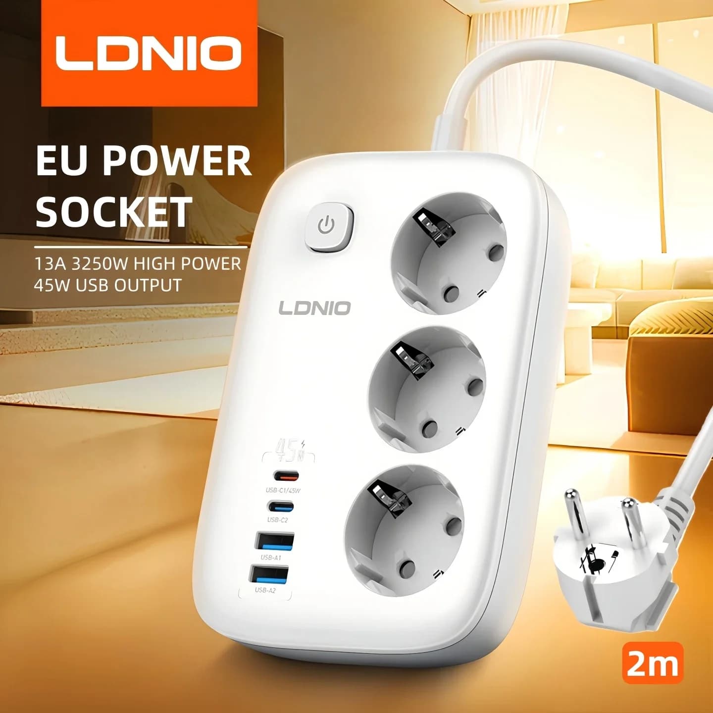 Multipresa LDNIO con Spina Standard EU, 3 Prese, Ricarica Rapida USB PD 45W 65W, Cavo di Prolunga 2M, Filtro di Rete, Adattatore Presa