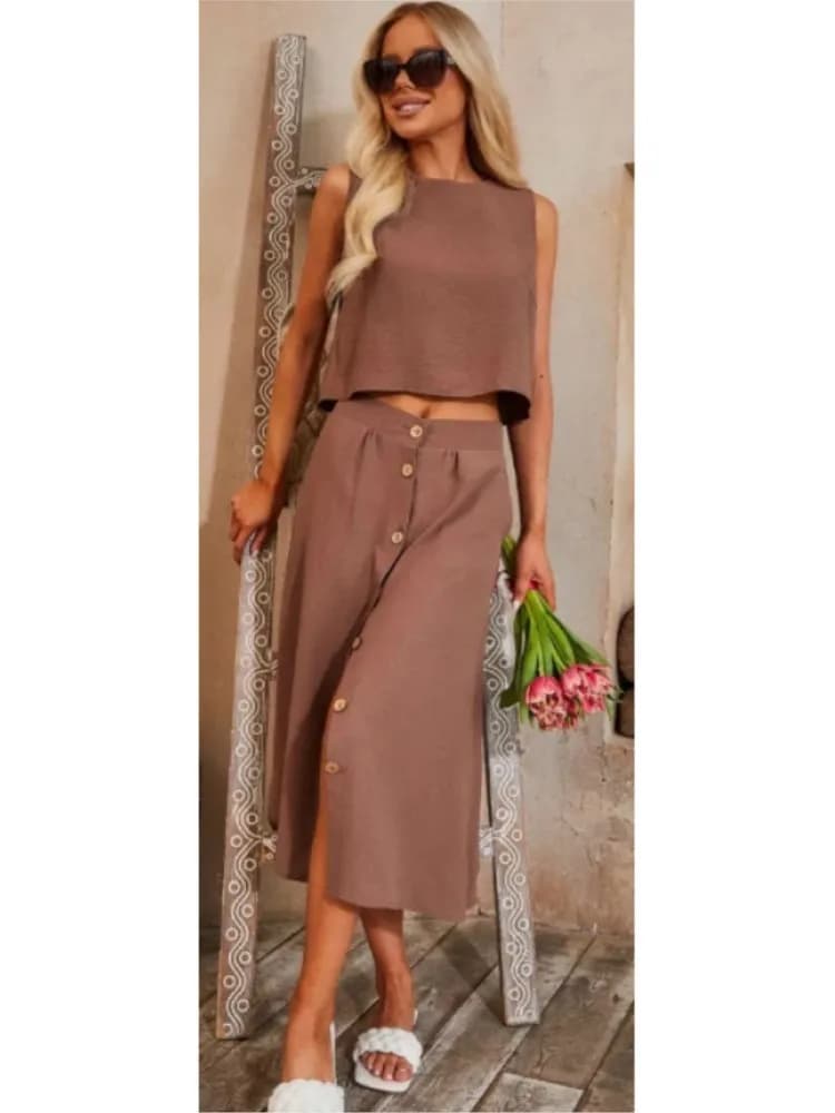 Nuovo set estivo per donna gilet casual gonna con bottoni abito gilet senza maniche allentato gonna monopetto set da 2 pezzi vestito da donna