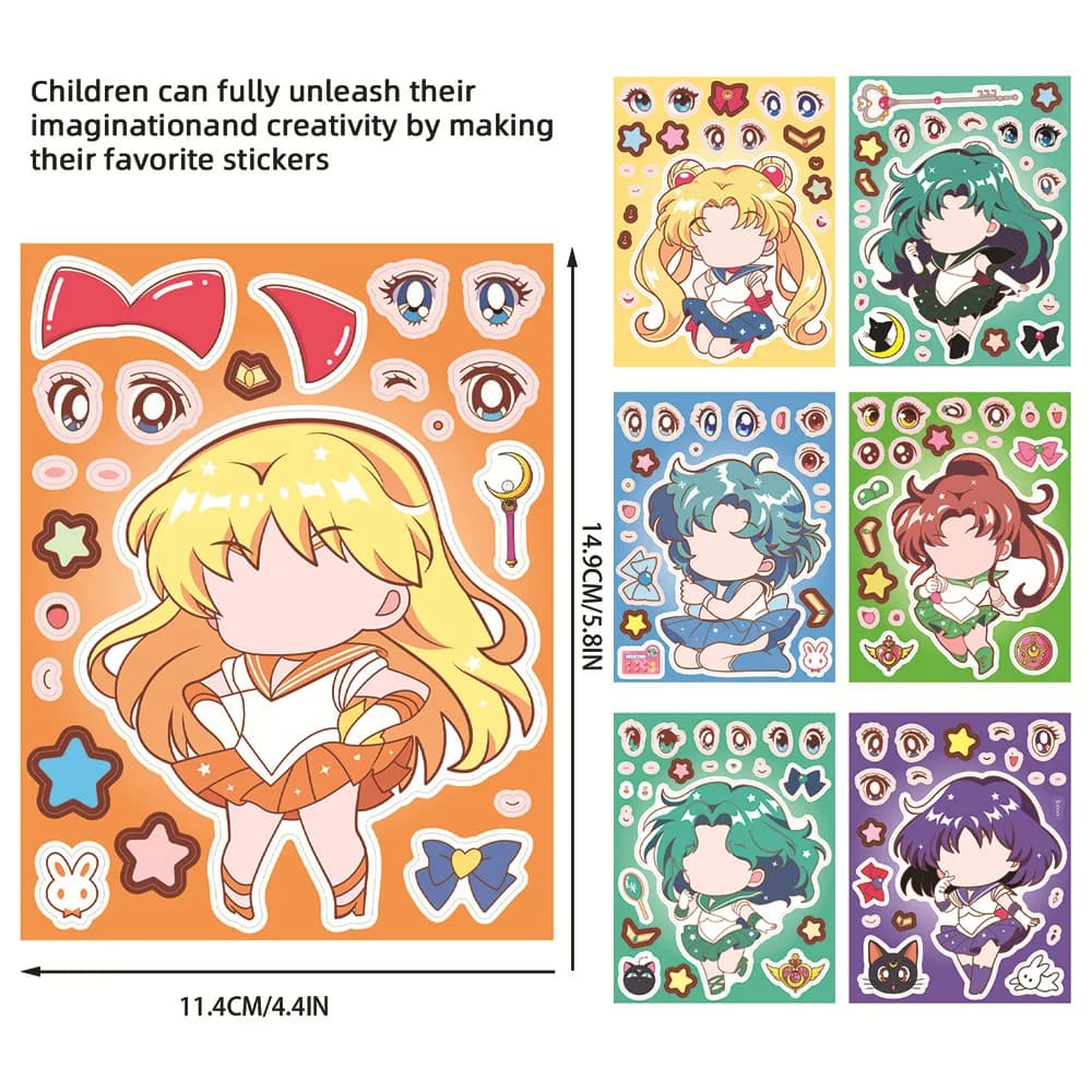 8 fogli carino Sailor Moon puzzle creativo adesivi puzzle interattivo genitore-figlio borsa per telefono per notebook fai da te giocattoli classici per bambini