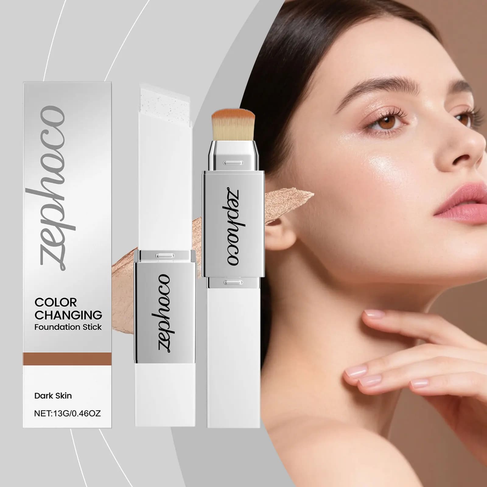 Fondotinta Stick 2-in-1 Deep Shade Changing Color, Lightweight, Hydrating, Natural, Smooth, Non Sticky, Transparent Cover